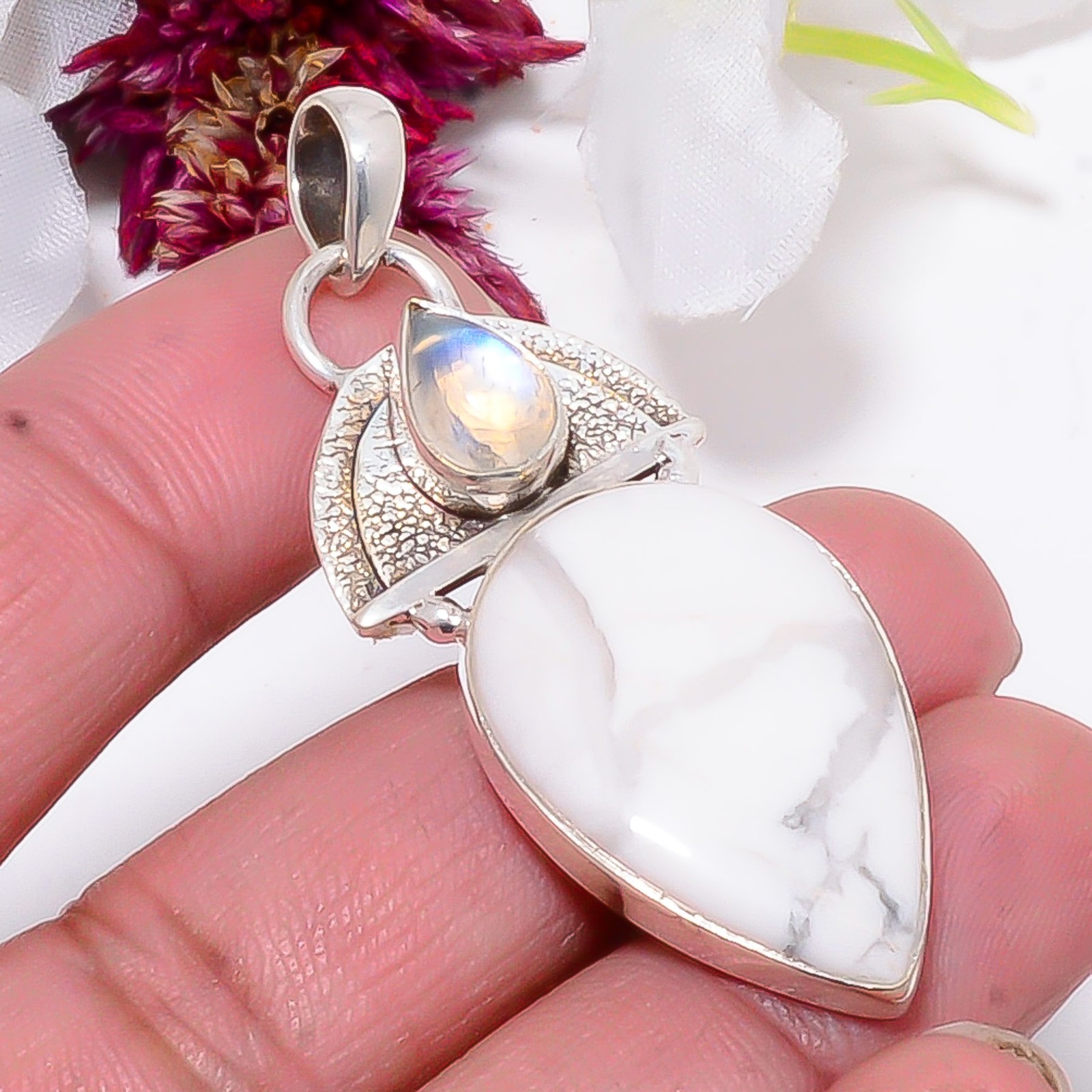 Natural White Howlite – United States, Moonstone 925 Silver Pendant 2.15″ Sku38