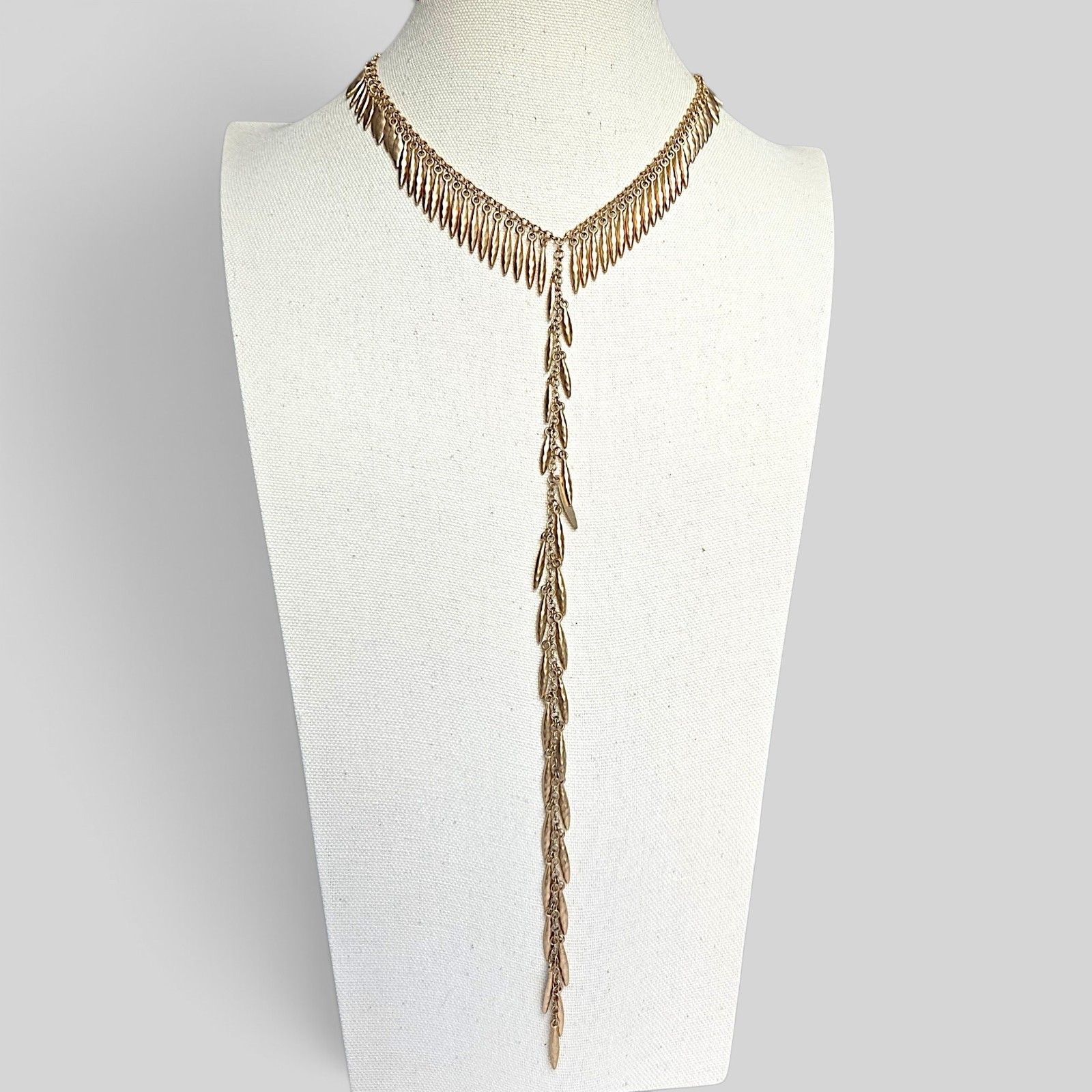 Leaf Fringe Y Drop Lariat Necklace Matte Gold Tone Boho Statement 17″-20″