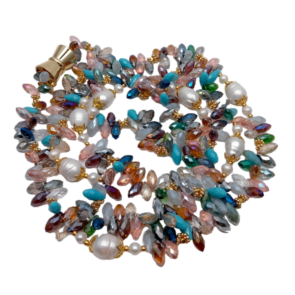 Cultured Freshwater White Rice Pearl Multi Color Crystal Long Necklace 49″