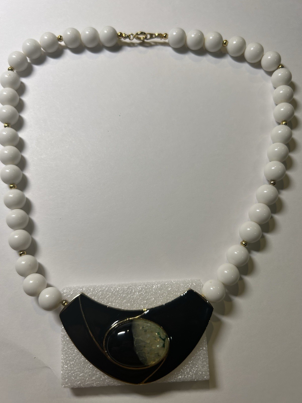White Plastic Beaded Ball Chain Necklace Gold Tone Crescent Charm Pendant Stone