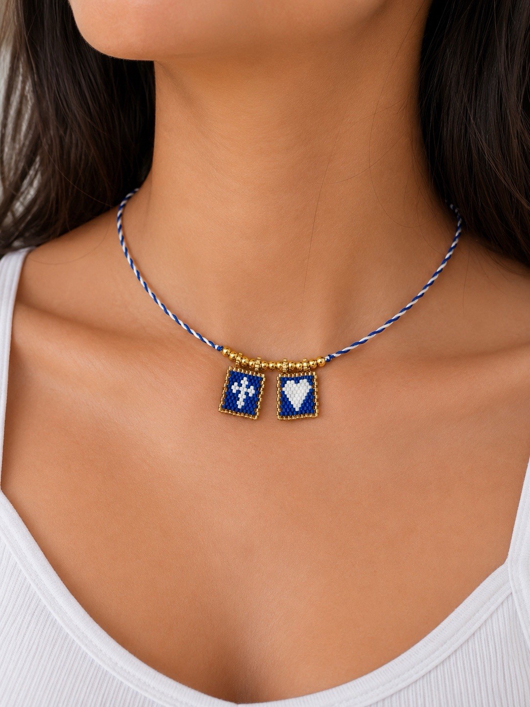 Adjustable Blue & White Cord Charm Necklace Square Love Pendants Tie Closure