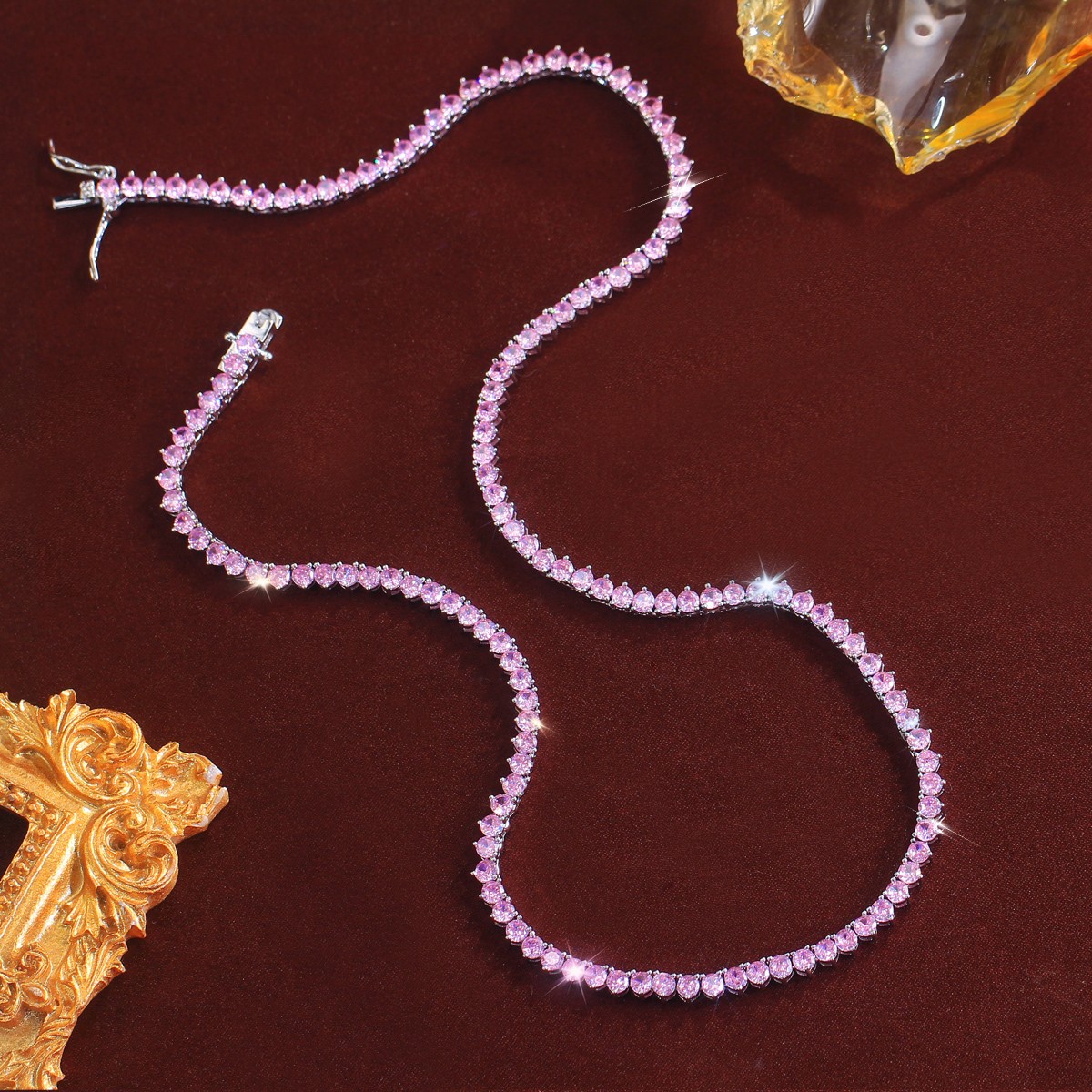 3mm Pink Round Cubic Zirconia Gold Plated Tennis Necklace Women Wedding Jewelry