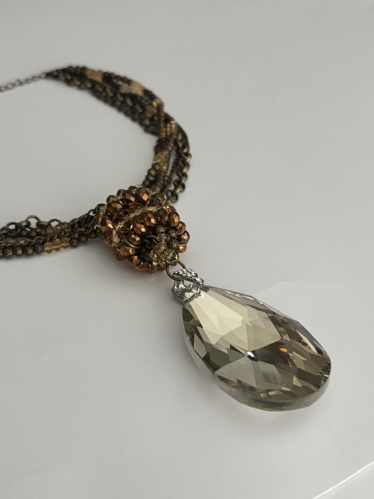 Smoky Crystal Teardrop Pendant Brown Bronze Multi Strand Necklace 18”