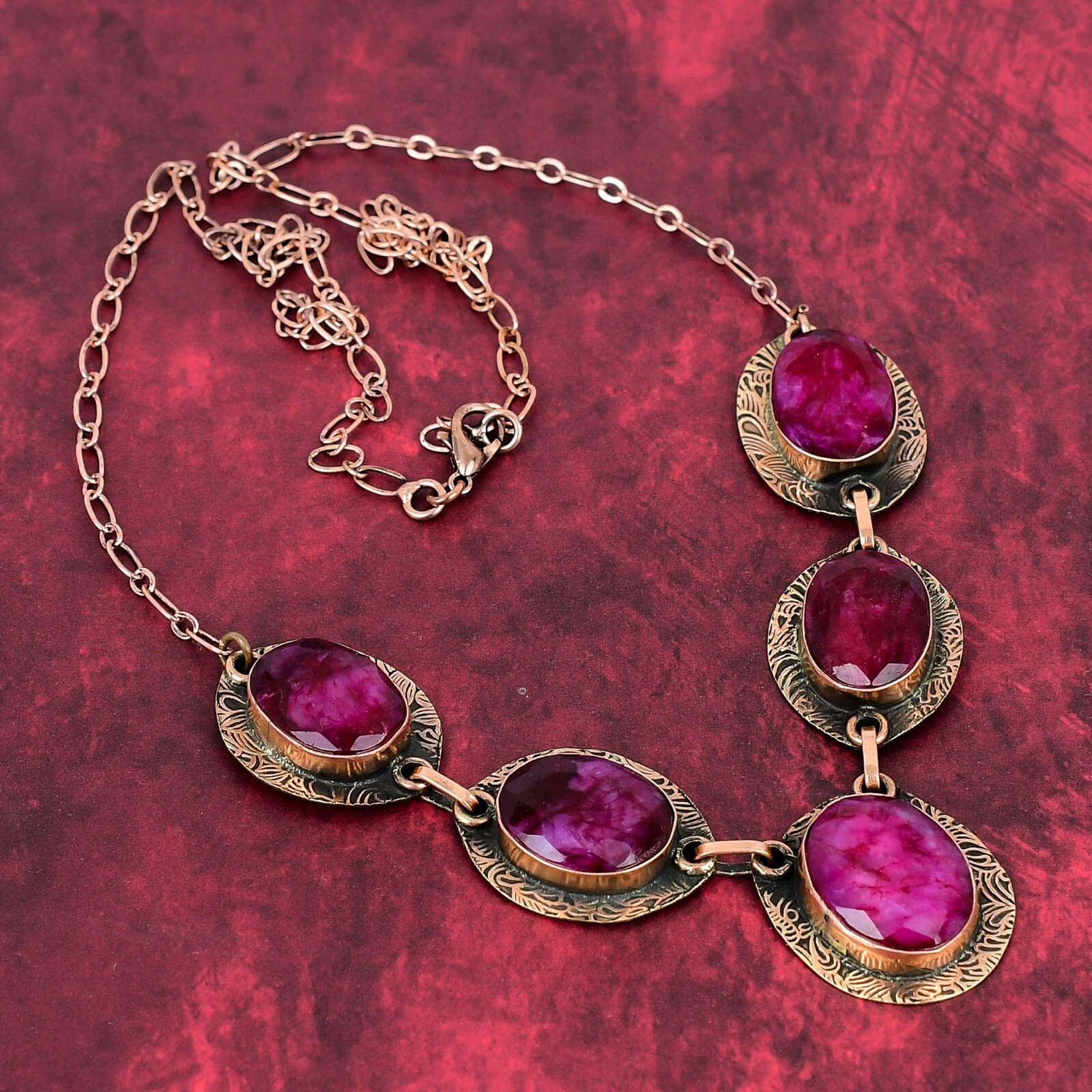 Valentines Sale Oval Kashmir Rubi Gemstone Engagement Gift Chain Necklace Copper