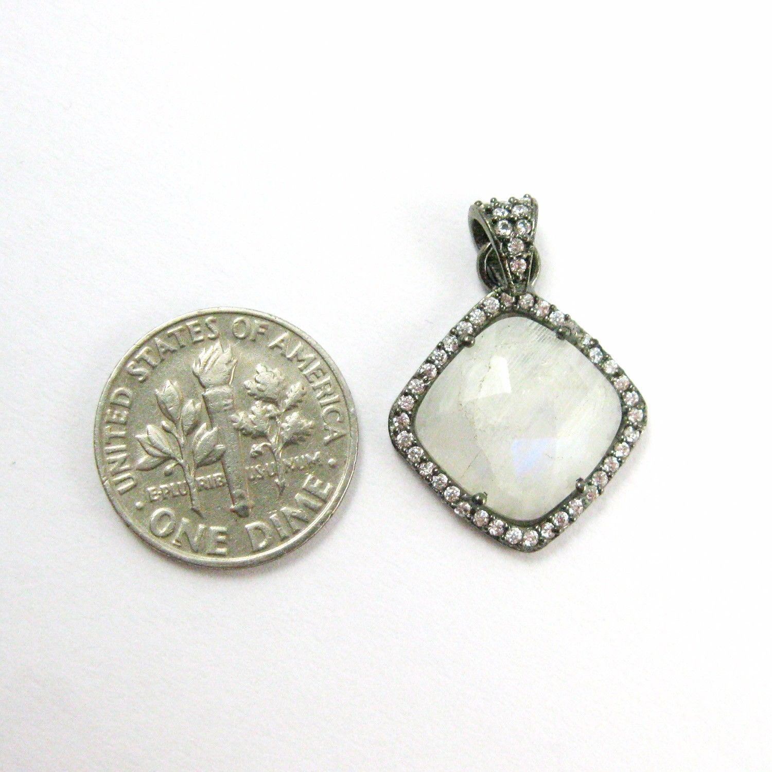 Oxidized Silver Moonstone Bezel Gem Pendant,Cubic Zirconia Pave 17mm