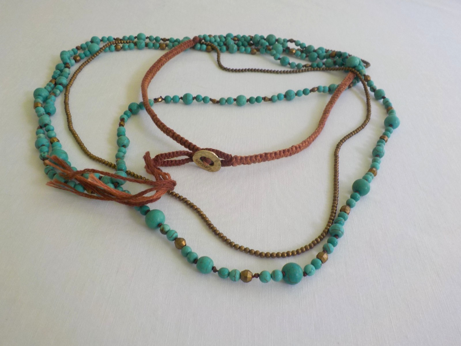 Nakamol Faux Turquoise Necklace Metal Bead Round Multi Strand Cord Long
