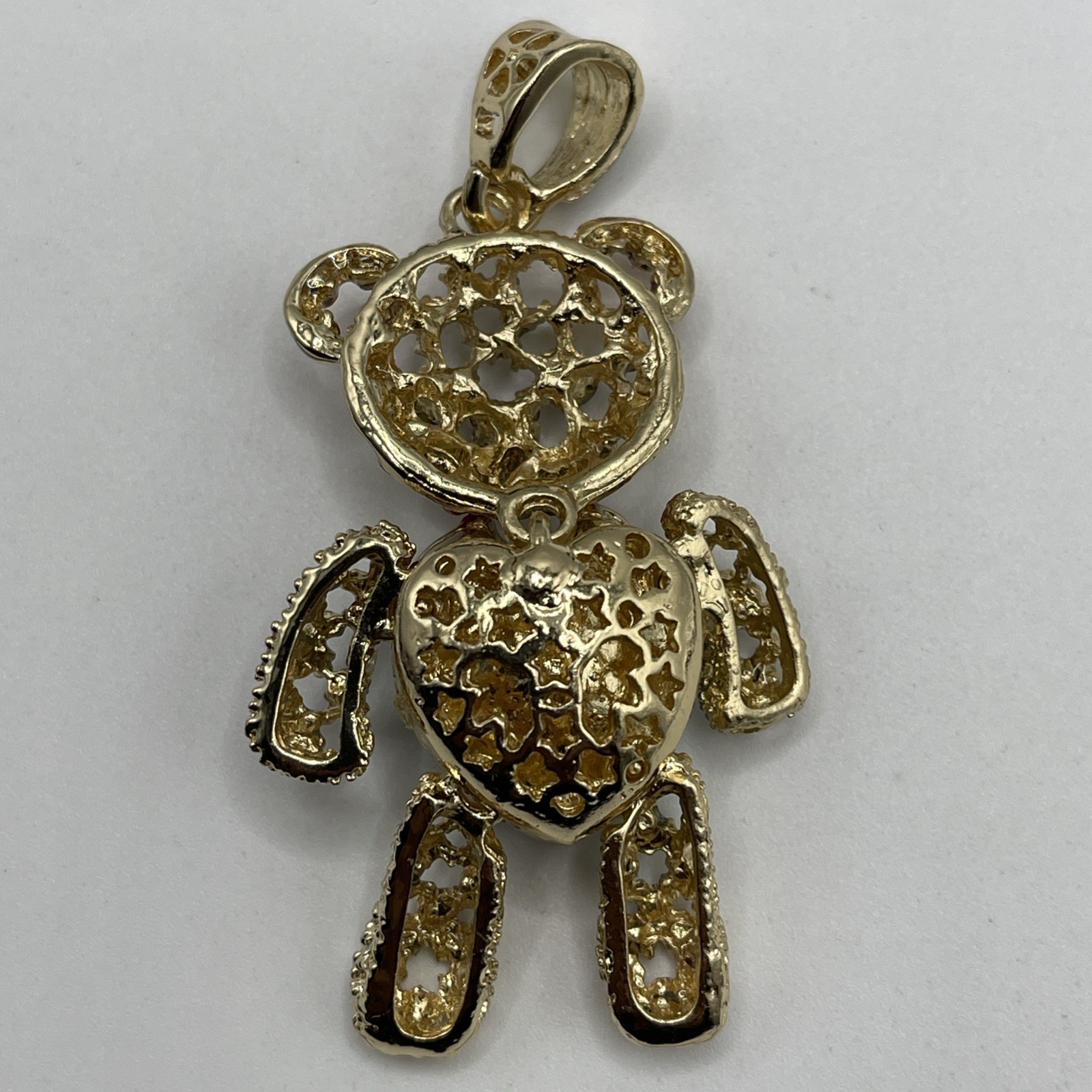 14k Gold Plated Teddy Bear Pendant Aquamarine Blue Heart Bow Cubic Zirconia CZ