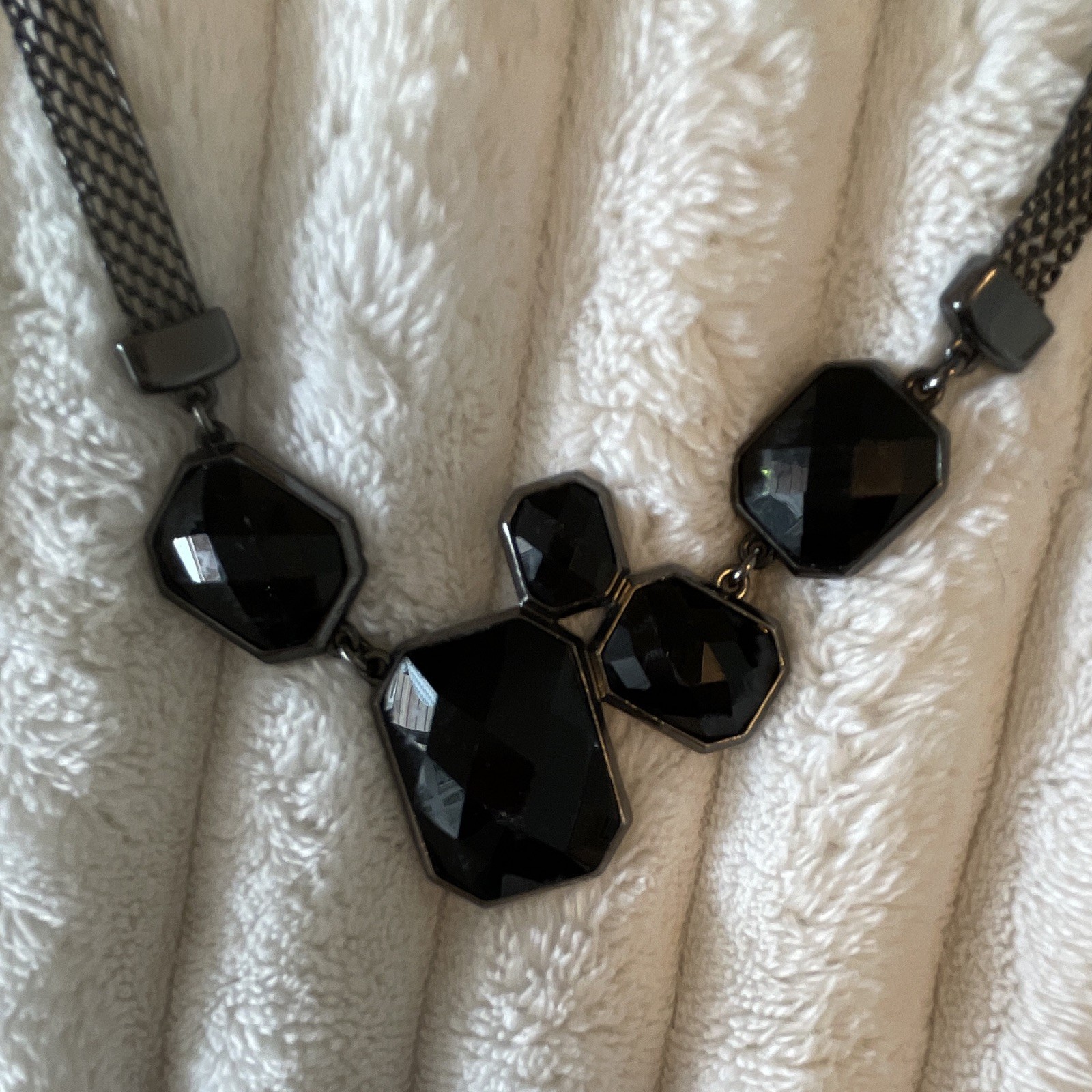 Black Hexagon Faceted Crystal Statement Necklace Mesh Chain Adjustable Lobster