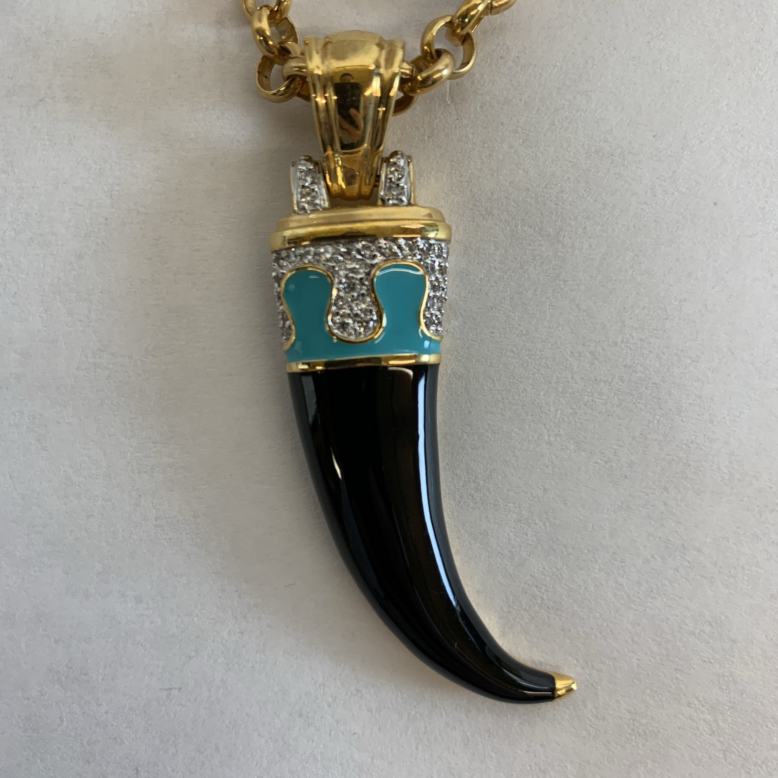 RJM Gold Tone Necklace Black Horn Pendant Blue Accents Unisex Adult
