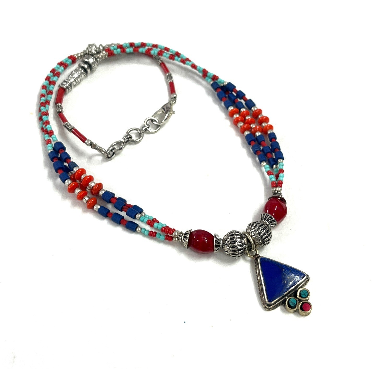 Antique Lapis Red Coral Gemstone Tibetan Bohemian Necklace Jewelry, 18 inch Adju