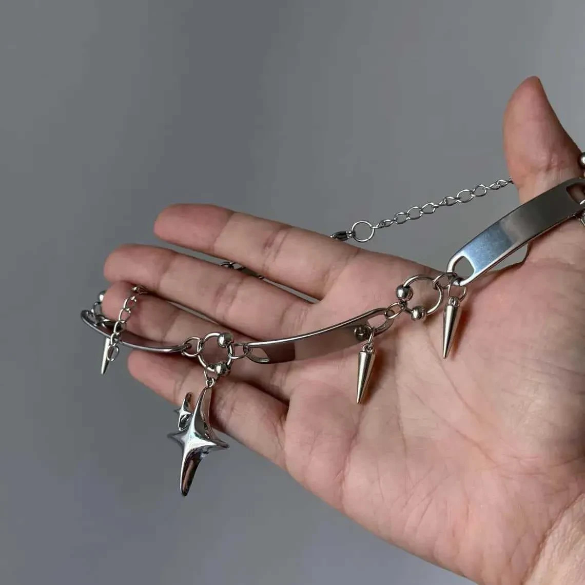 Gothic Y2K Star Choker Necklace Punk Spike Pendant Silver Metal Grunge Jewelry