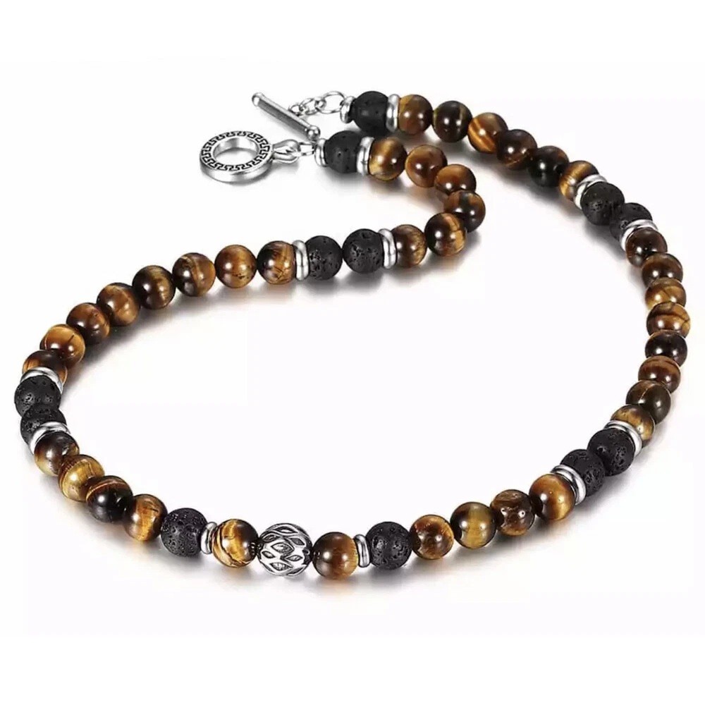 24″ Men’s Tiger Eye Necklace 8mm Natural Lava Beads Stainless Steel Toggle US