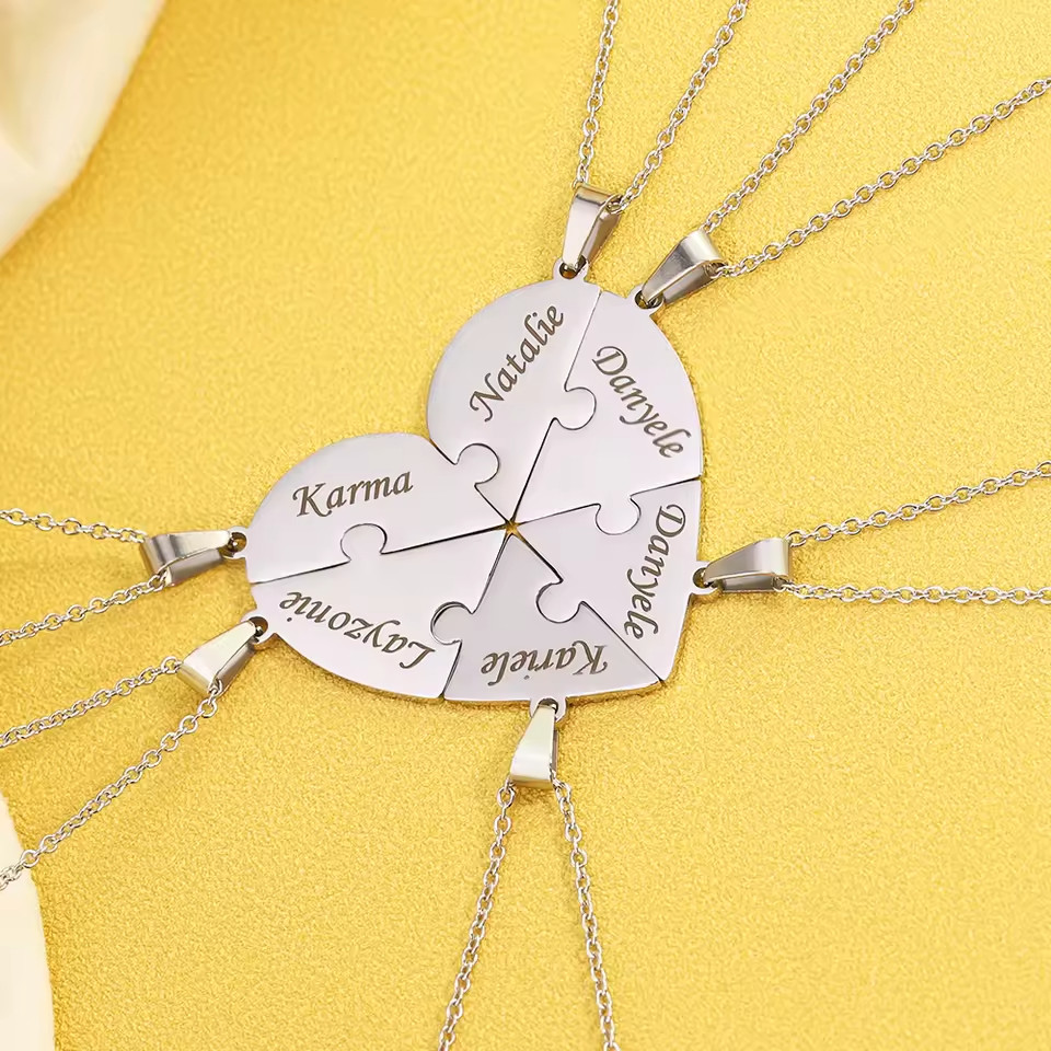 Personalized Puzzle Heart Necklace Custom Engraved BFF Family Birthday Gift Set