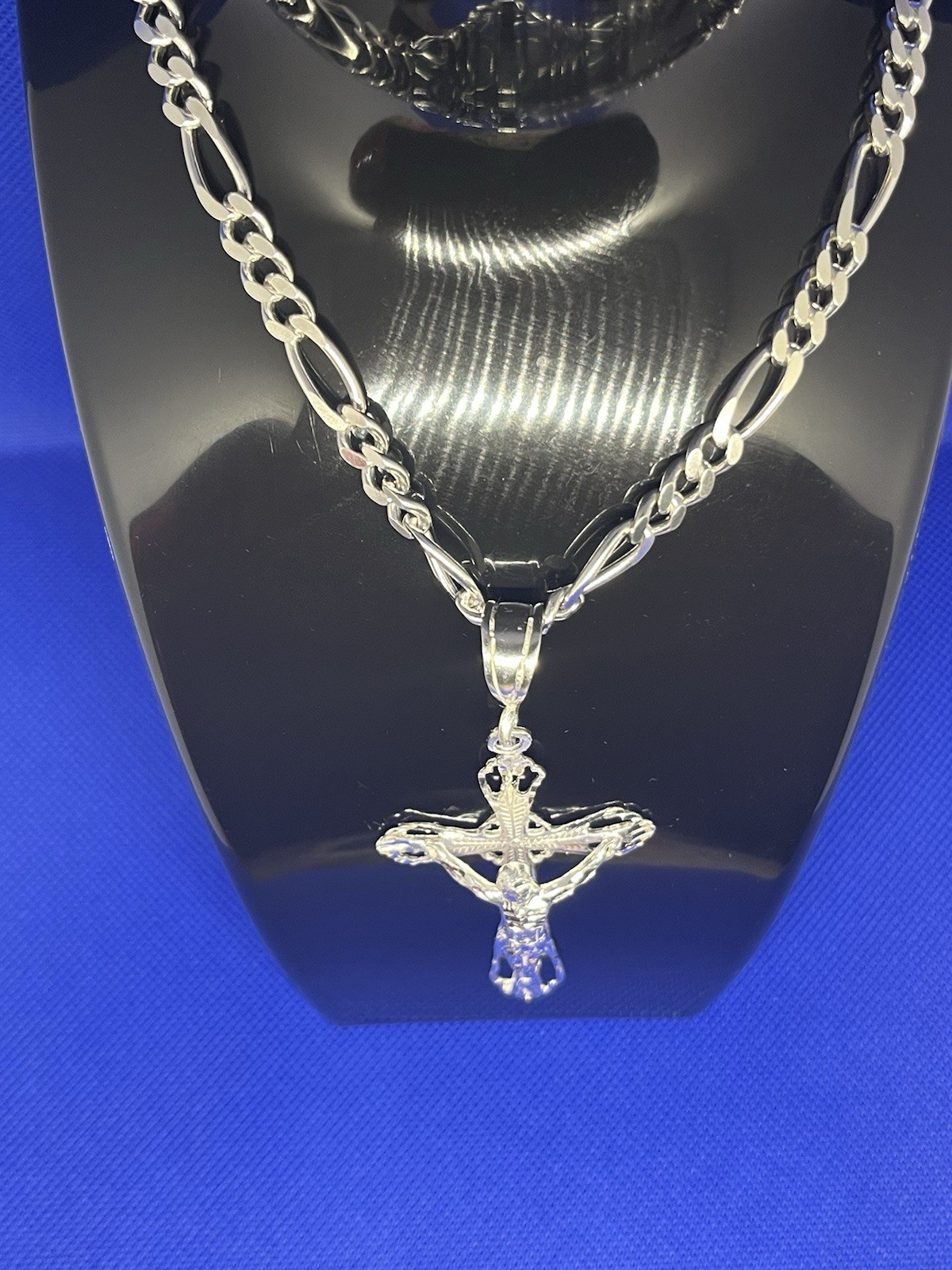 Silver Figaro Chain Necklace With Cross Pendant Religious