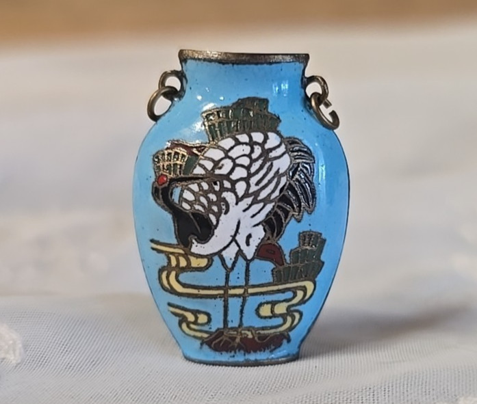 Vintage Miniature Cloisonne Vase Urn Pendant Birds Blue Green Les Bernard