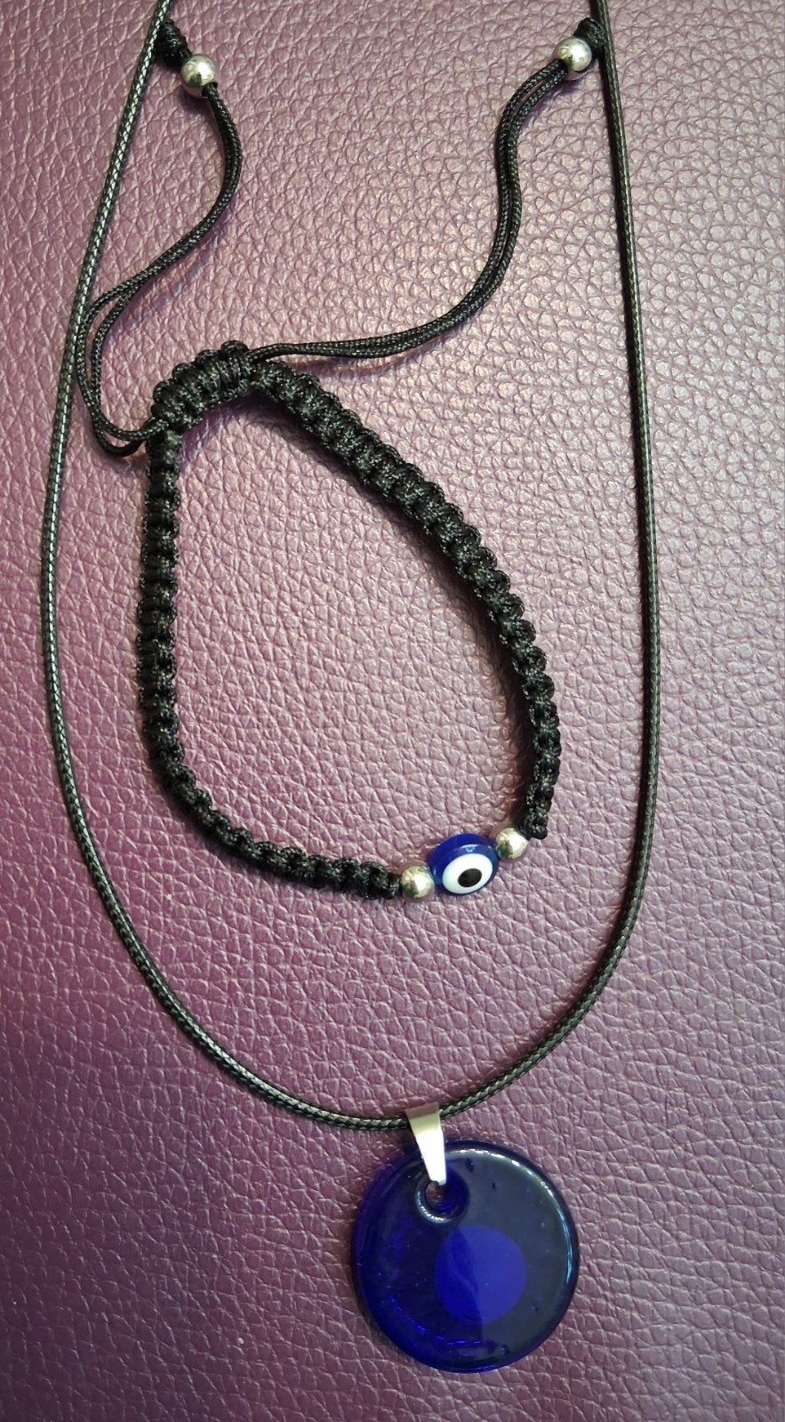 Turkish Blue Evil Eye Round Glass Amulet Necklace & Bracelet Free