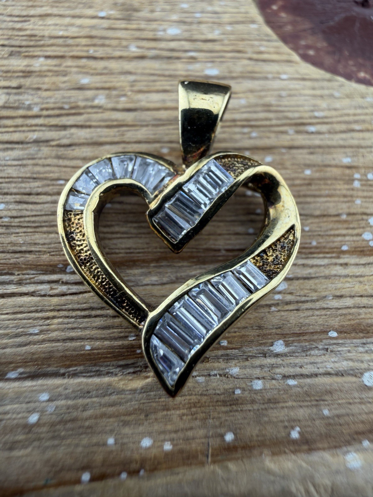 Modern Clear Cz Baguette Heart Pendant for Necklace Gold over Sterling Silver