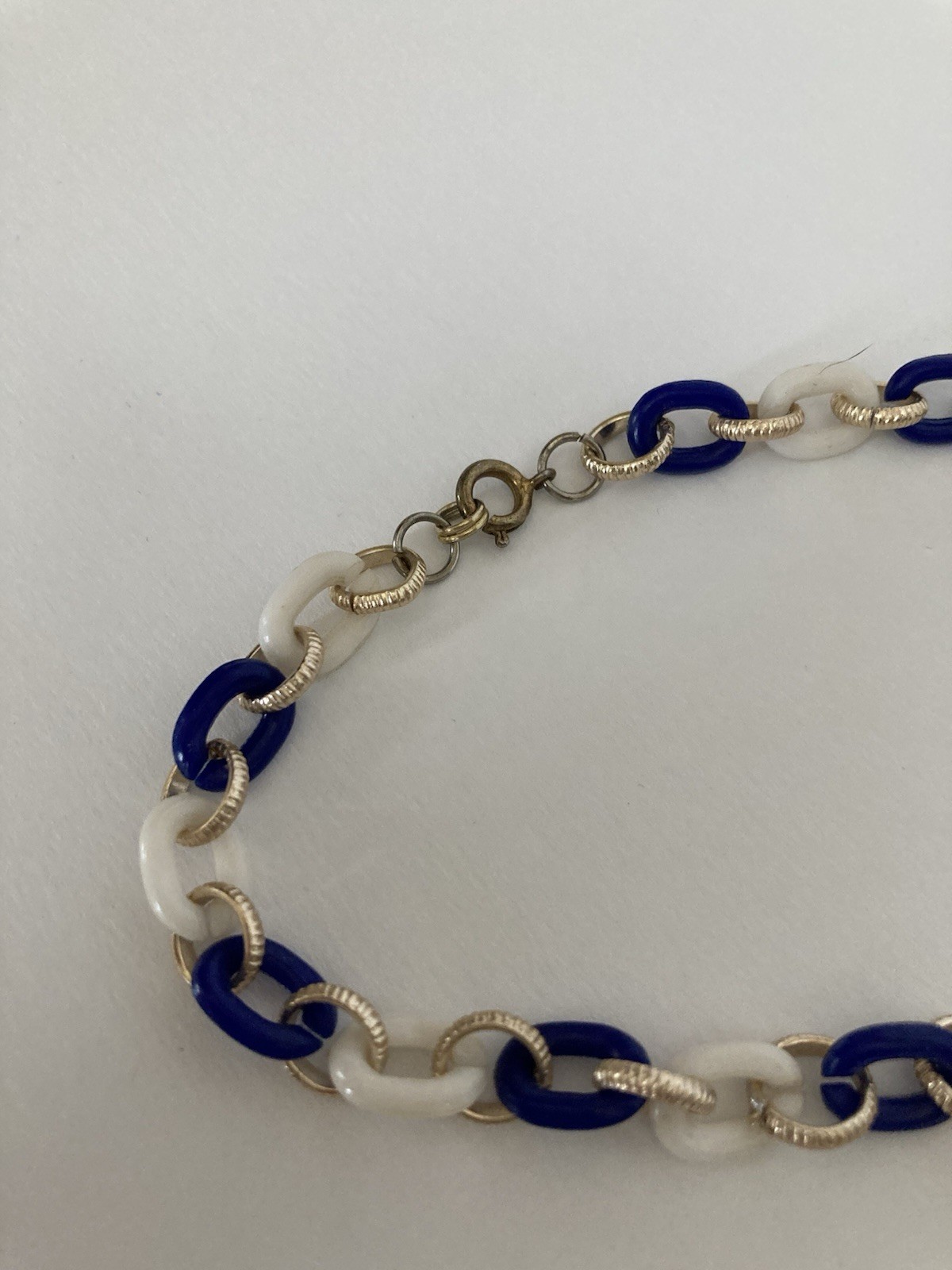 Blue, White And Gold Tone Rings, Necklace Spring Ring Clasp 51” Long