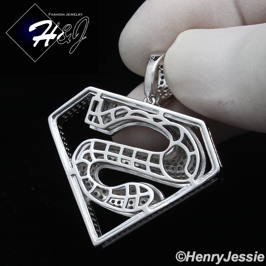 MEN SOLID 925 STERLING SILVER ICY BLING CUBIC ZIRCONIA 3D SUPERMAN PENDANT*SP263