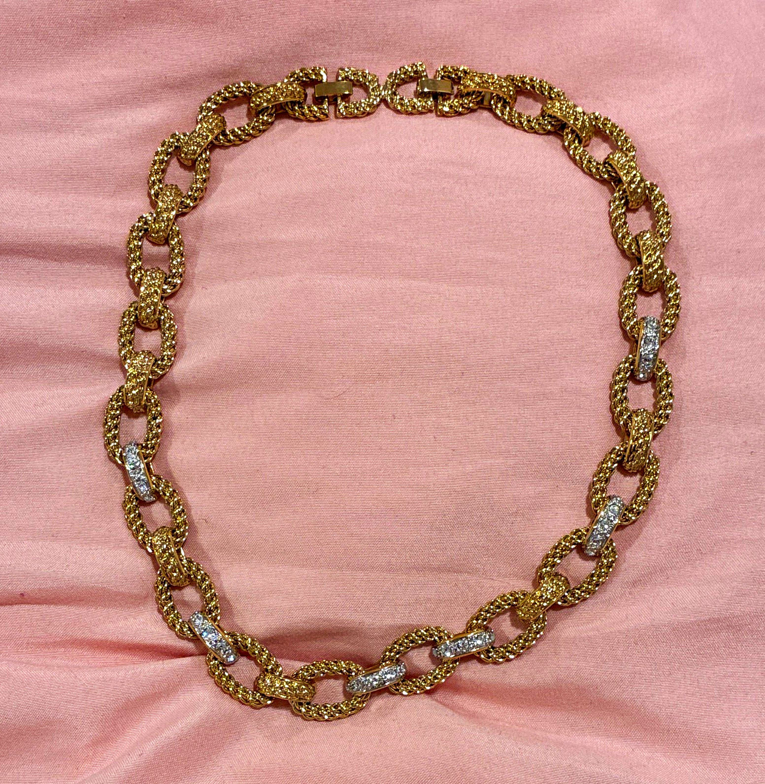 Gold Tone Oval Link Chain Necklace Clear Crystal Accent Links Box Closure
