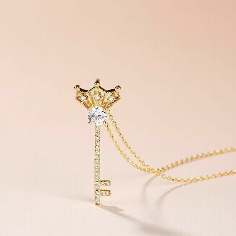 1.20Ct Round Cut Simulated Diamond Key Charm Pendant In 14k Yellow Gold Plated
