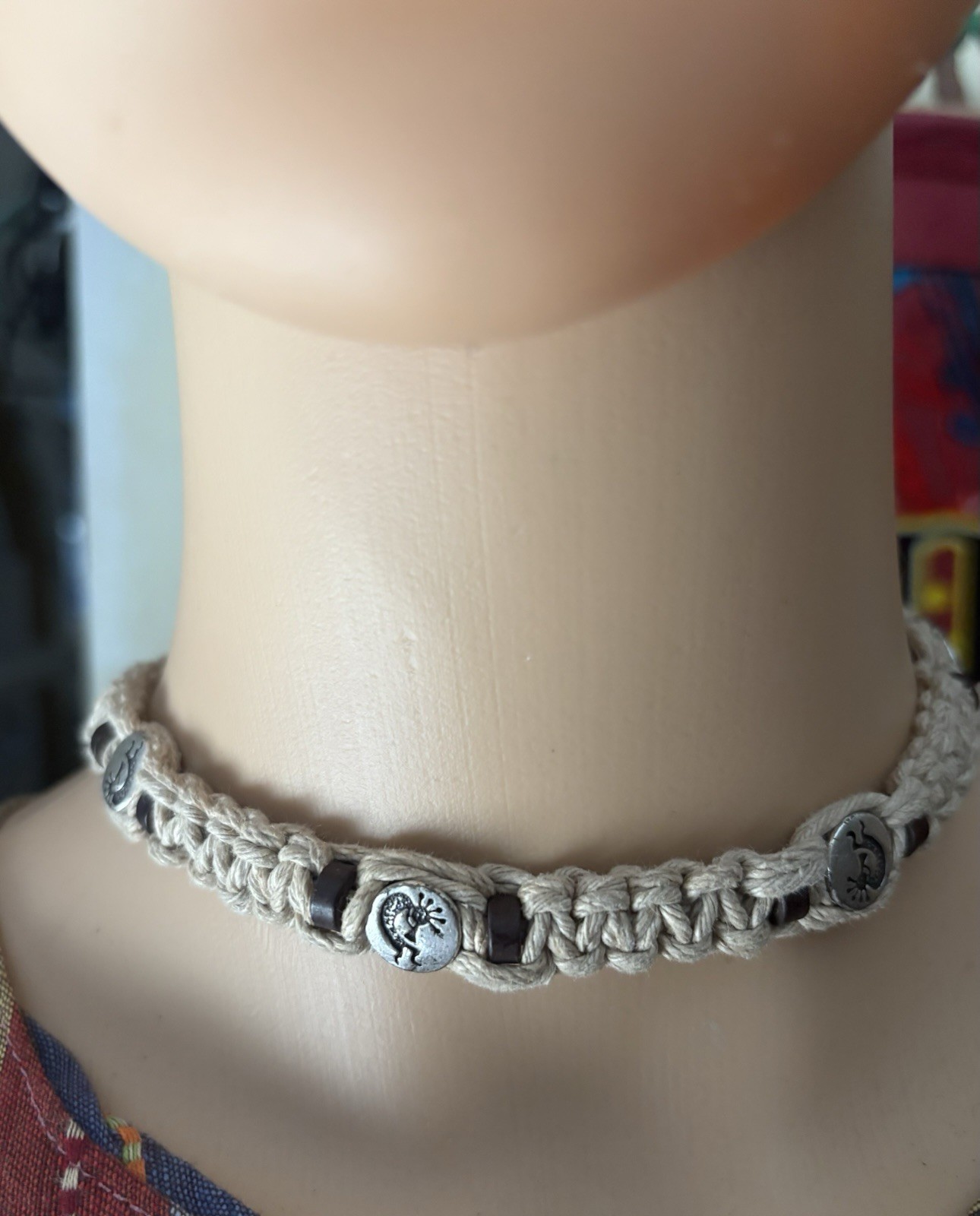 Beige Hemp Cord Choker Necklace Metal Charm Pendant Beaded No Stone