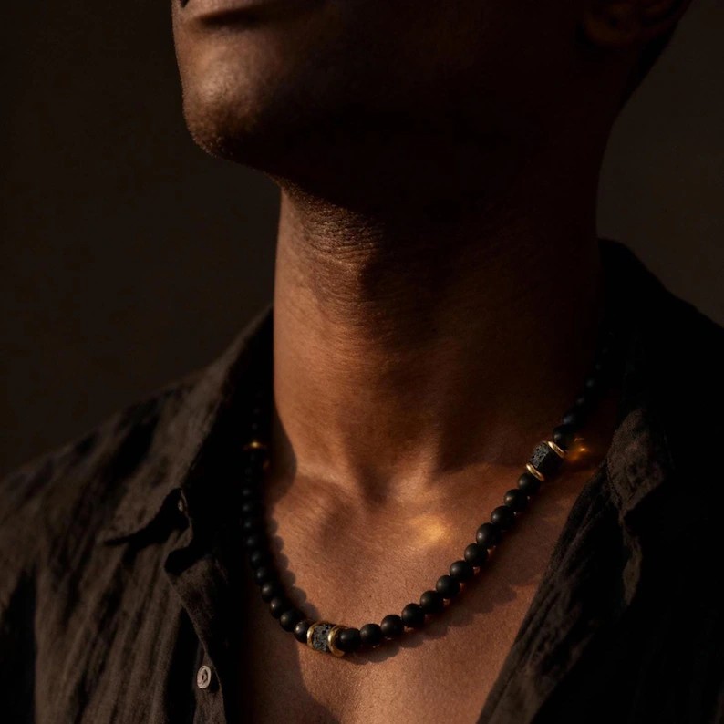 Matte Onyx Lave 10mm Beaded 25in Long Necklace Healing Strength Necklace for Men