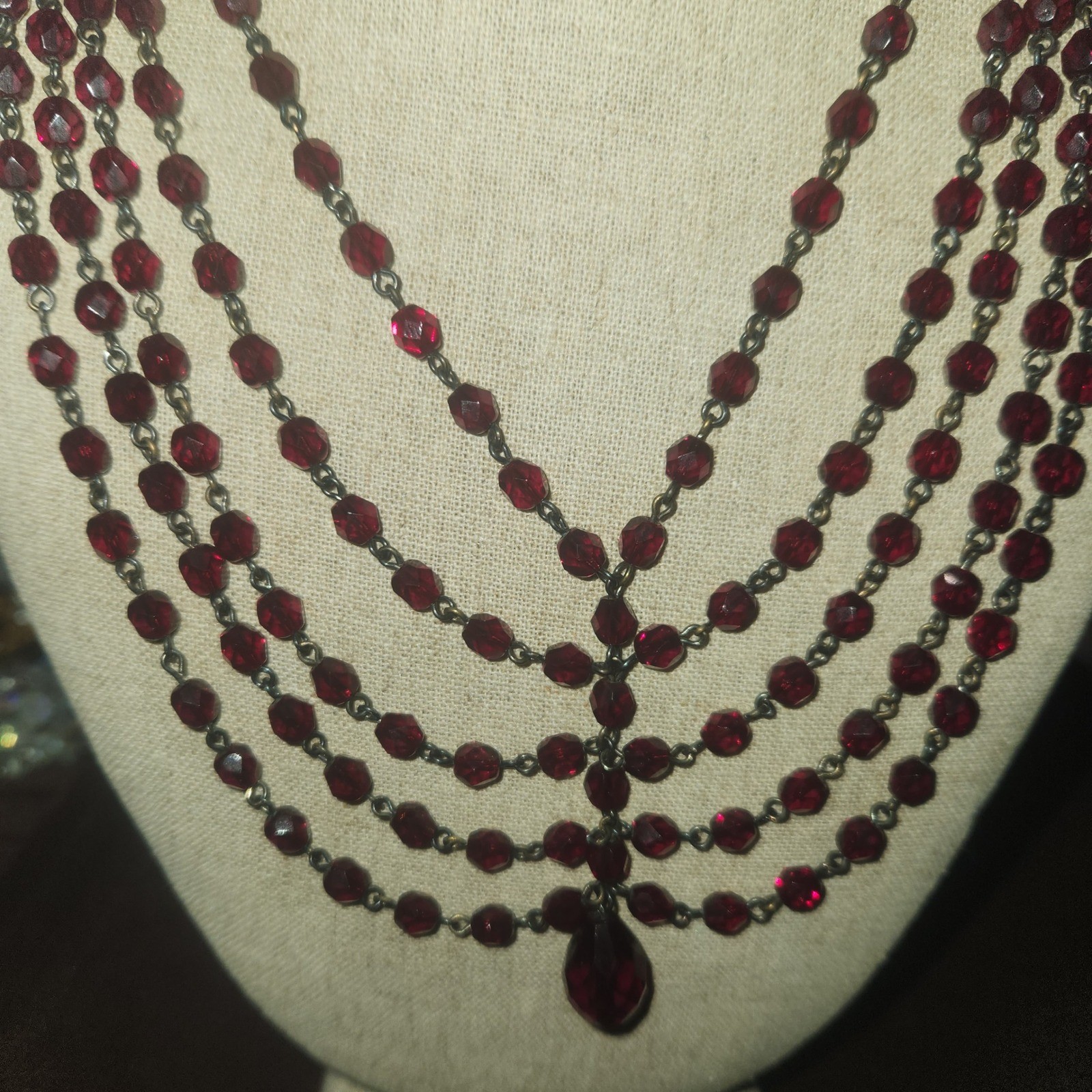 Lyndell NYC Red Crystal Multi Strand Bib Necklace Antiqued metal Tone 15in.