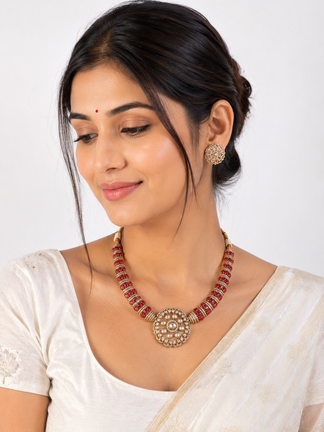 Indian Kundan Necklace Set Green Pendant Earrings Gold Plated Bridal Jewelry 103