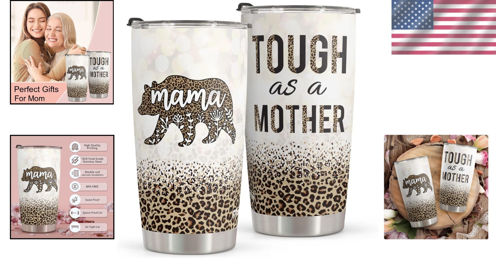 20oz Stainless Steel Bear Tumbler – Stylish Mother’s Day Gift in Leopard Print