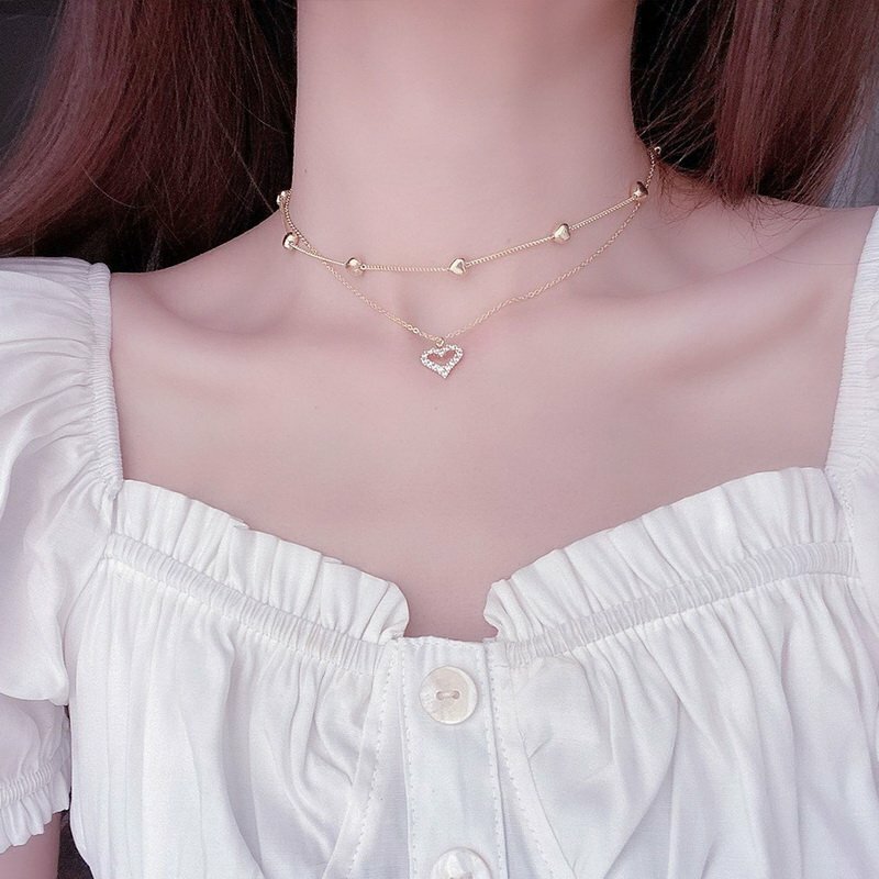 Gold Plated Double Layer Necklace Zircon Women Choker Chain Party Heart Pendant