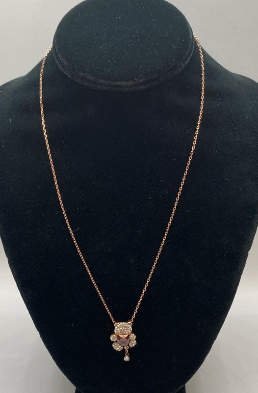 18K Gold Plated Teddy Bear Pendant Necklace Red Heart Clear Crystals 18″
