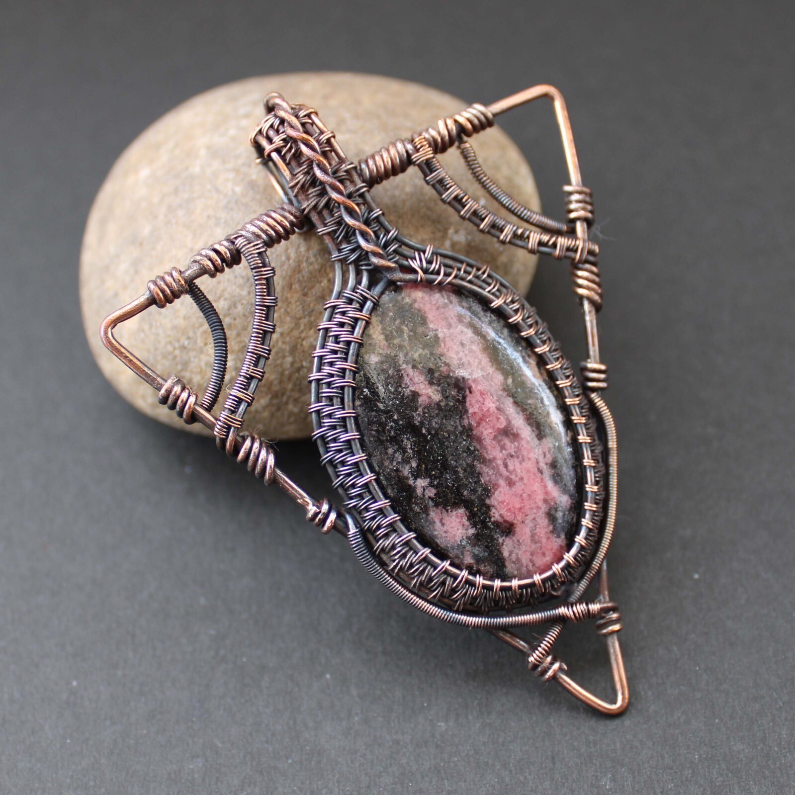 Rhodonite Pendant Copper Wire Wrapped Pendant Gemstone Wire Wrapped Jewelry