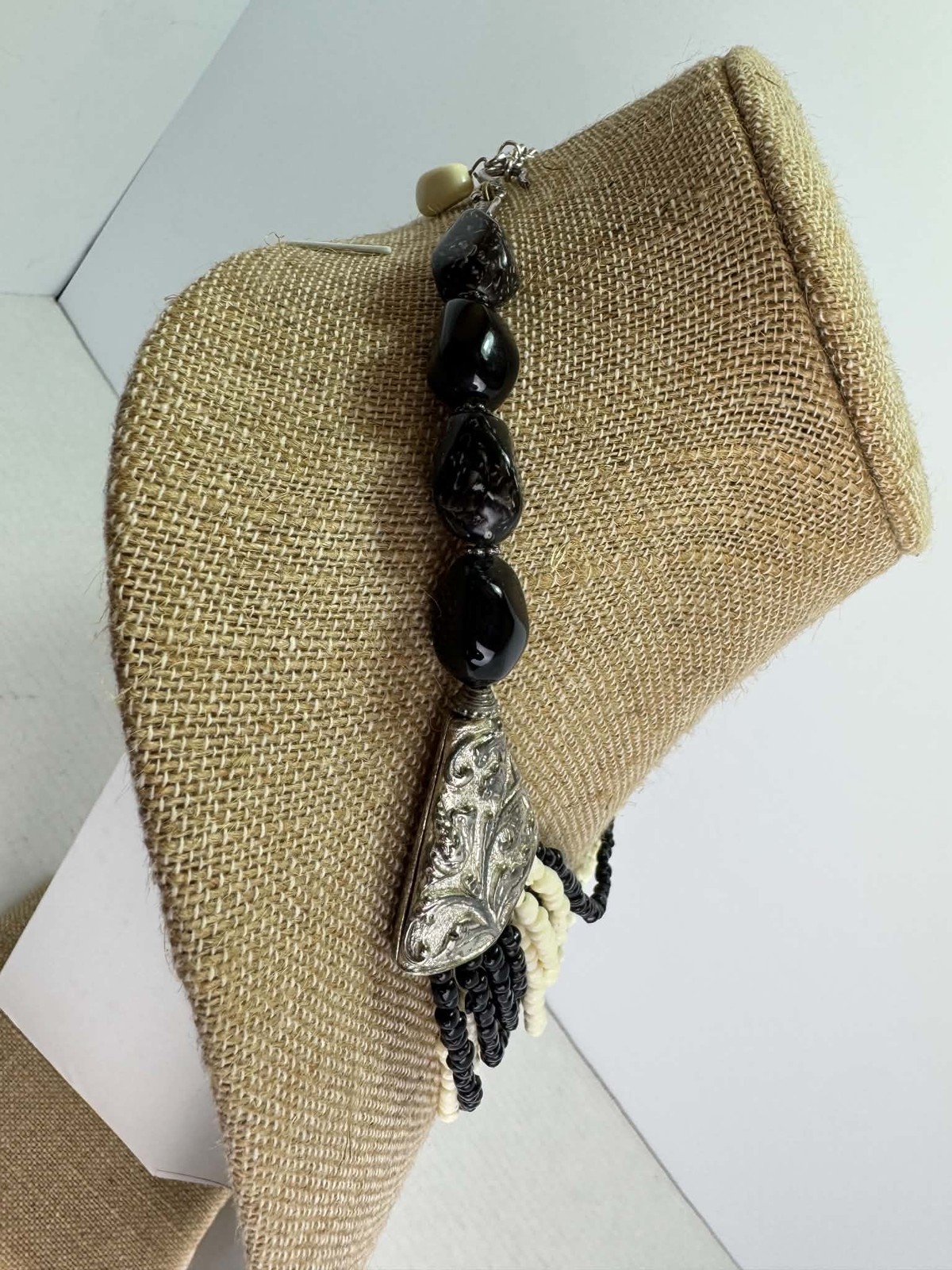 Chic Black White Multi-Strand Beaded Statement Necklace Silver Tone Accents