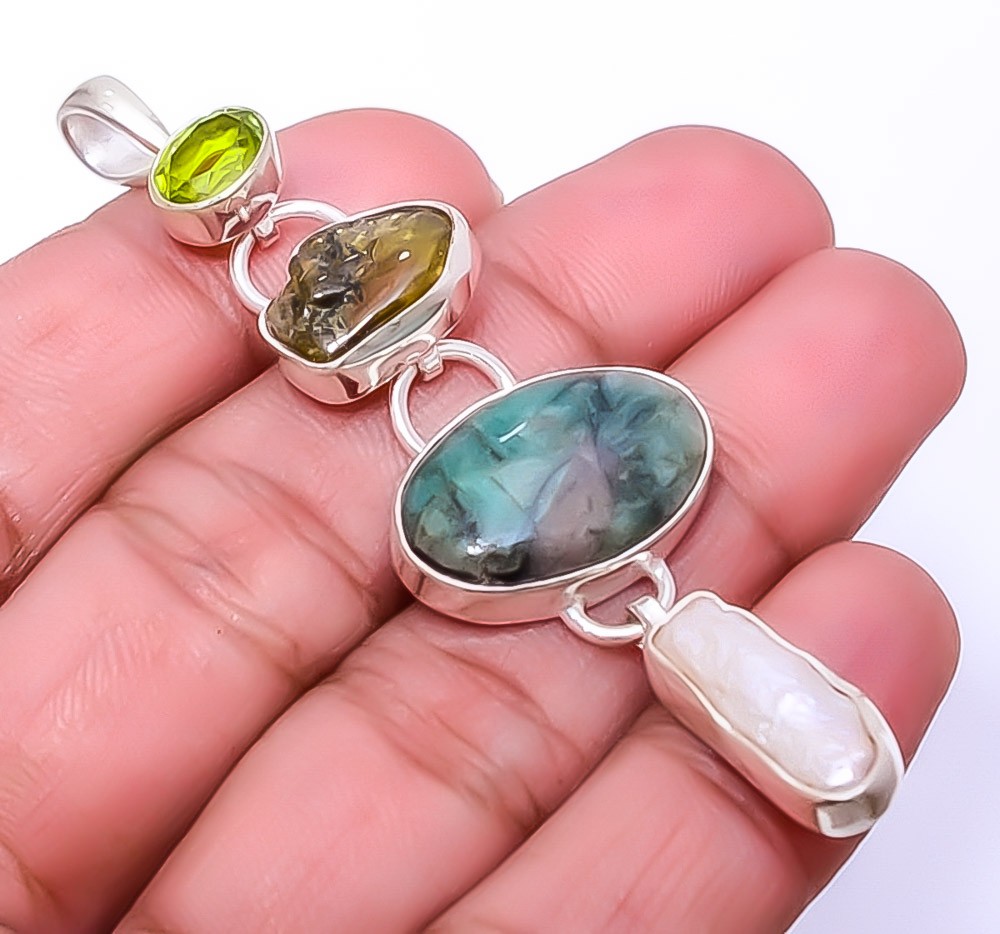 Emerald – Sakota Mines & Tourmaline (Simulated) 925 Silver Pendant 2.85″ A360