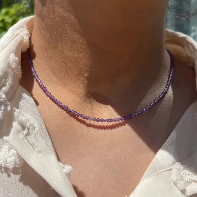 Amethyst 2mm Crystal Gemstone Faceted Beads Minimalist Dainty Choker Necklace