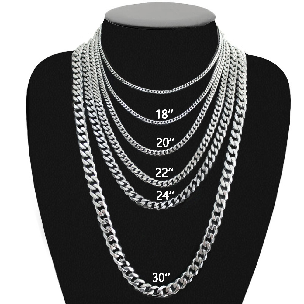 16-30″ Stainless Steel Silver Chain Cuban Curb Necklace 3/5/7/9/11mm Womens Mens