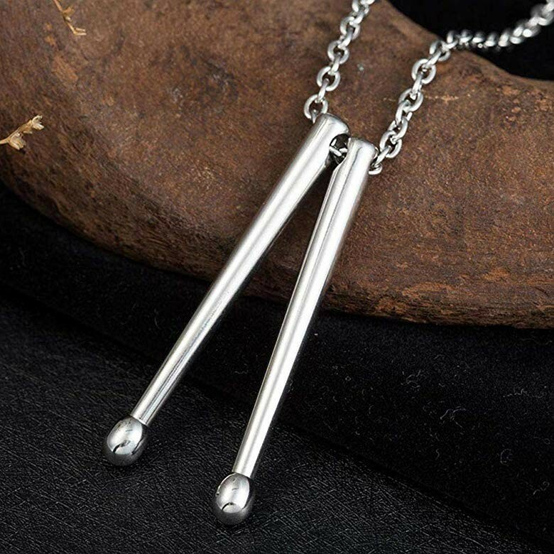 Drummer Drumstick Pendant Necklace Stainless Steel 20″ Silver Band Jewelry