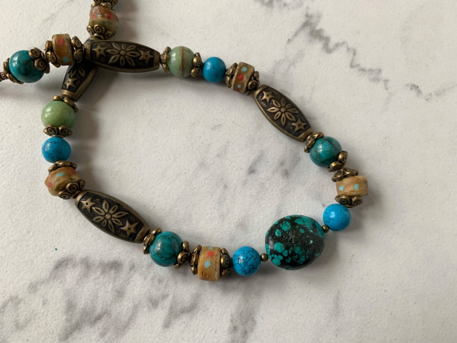 Turquoise Focal Bead, Jade beads, Yak bone inlaid, brass beads lNecklace11