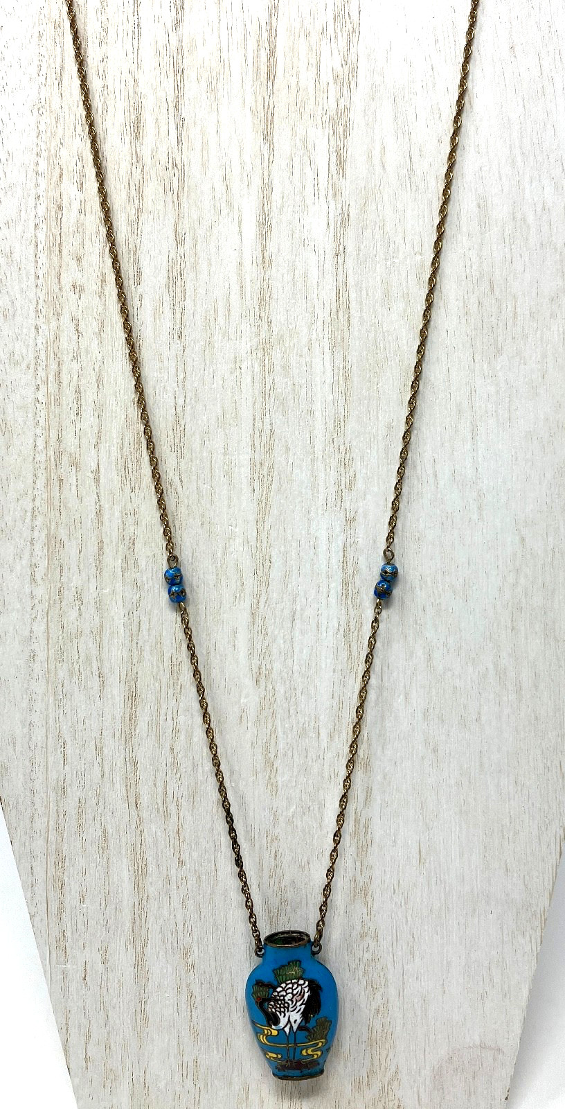 Vintage Cloisonne Blue Vase Crane Bird 1/20 12KT gold filled Chain 24″ Necklace