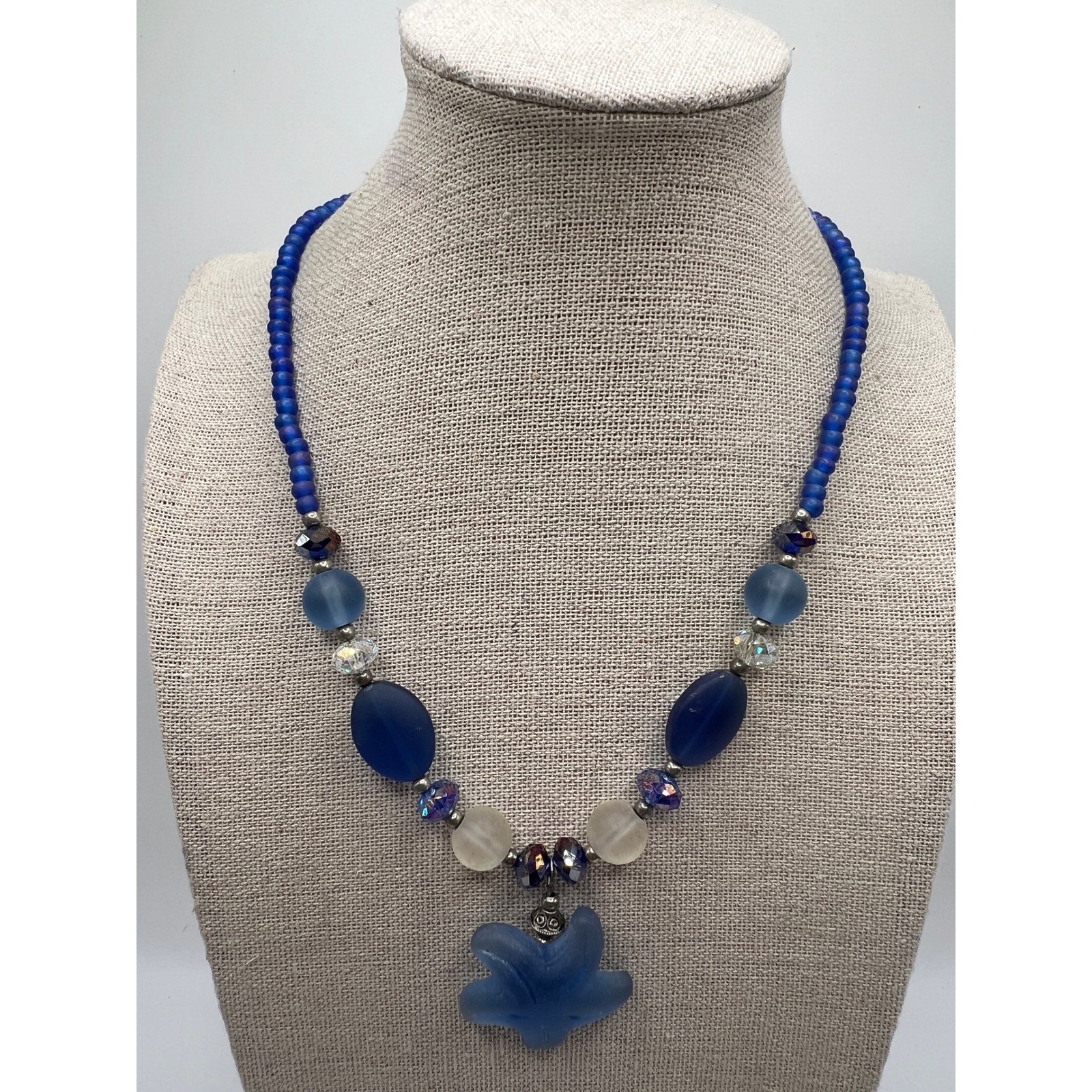 Sea Glass Starfish Pendant Necklace Coastal Boho Mermaidcore Blue Glass 15-18″