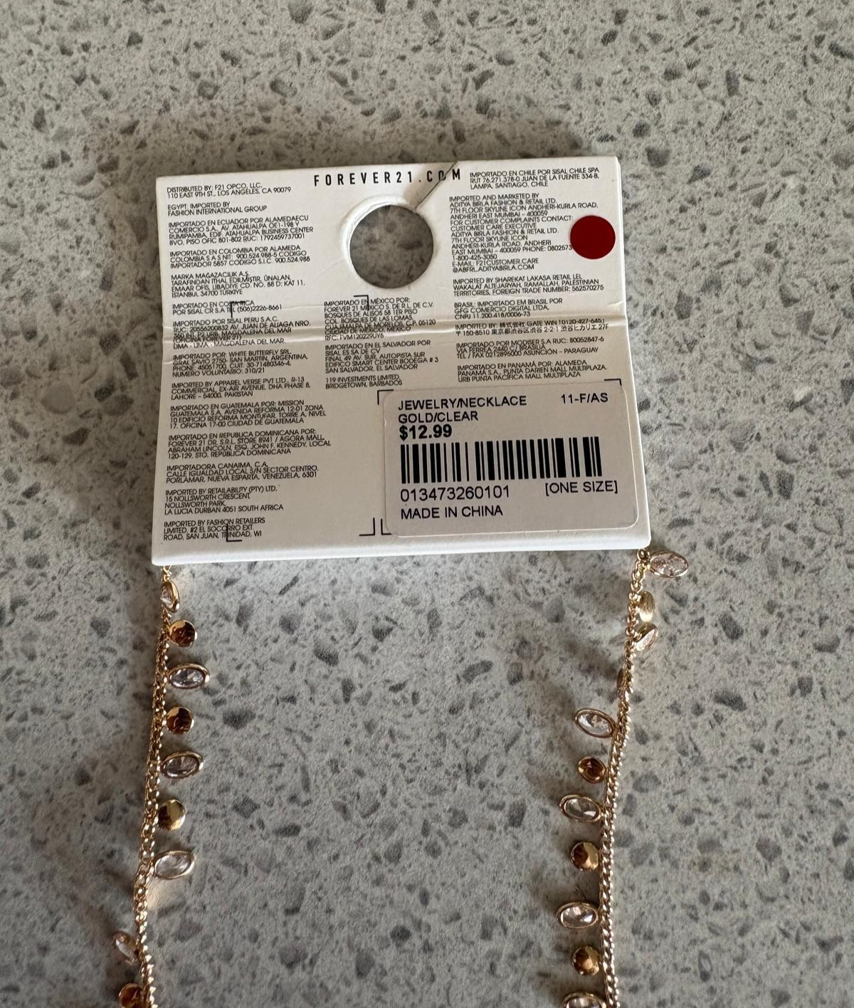 Forever 21 Gold Clear Cubic Zirconia Drop Charm Necklace One Size New Tag