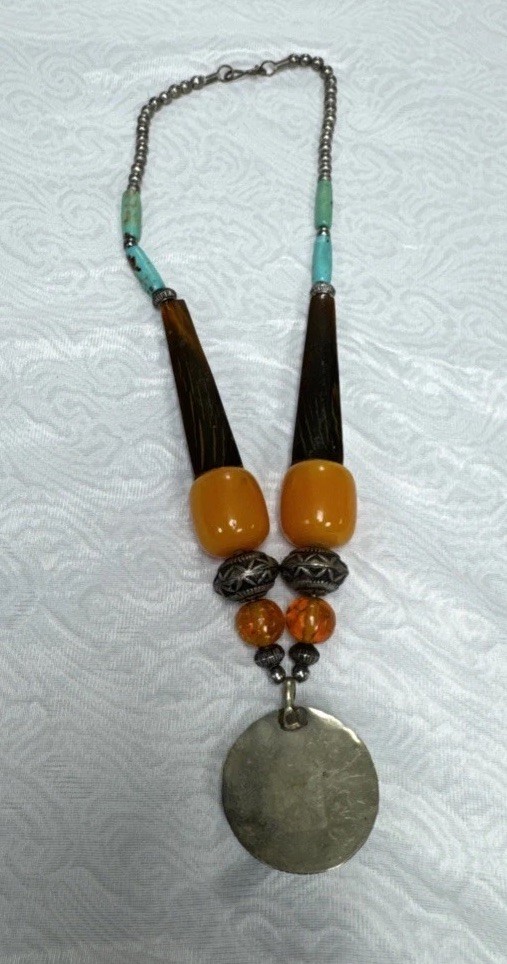 Vintage Bohemian Multi Color Necklace Tibetan Resin Amber with Turquoise Pendant