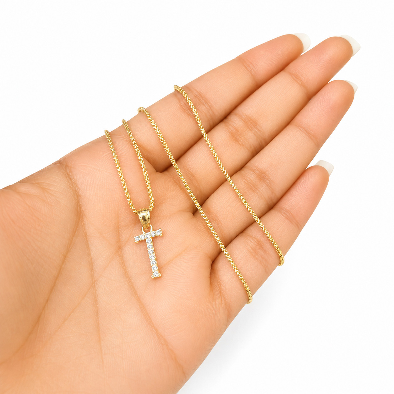 10K Gold Solid Franco Chain T Initial CZ Stone Pendant Set 1mm 16 18 20 22 Women