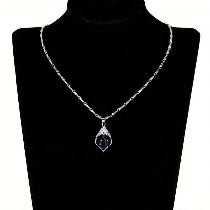 Teardrop Blue Sapphire Clavicle Necklace – Women Engagement/Wedding