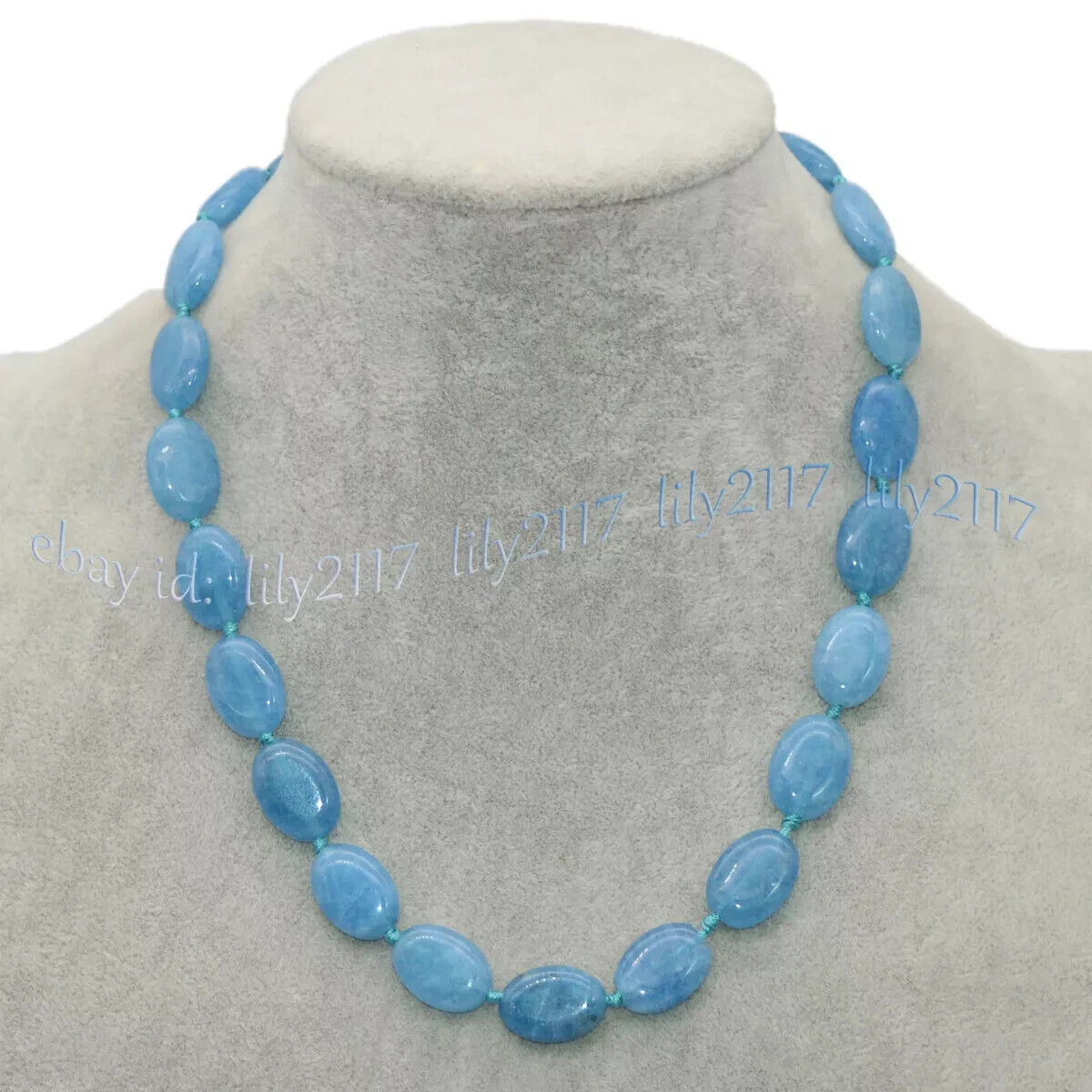 Genuine Natural Blue Aquamarine Oval Gemstone Beads Necklace 36 inches 13x18mm