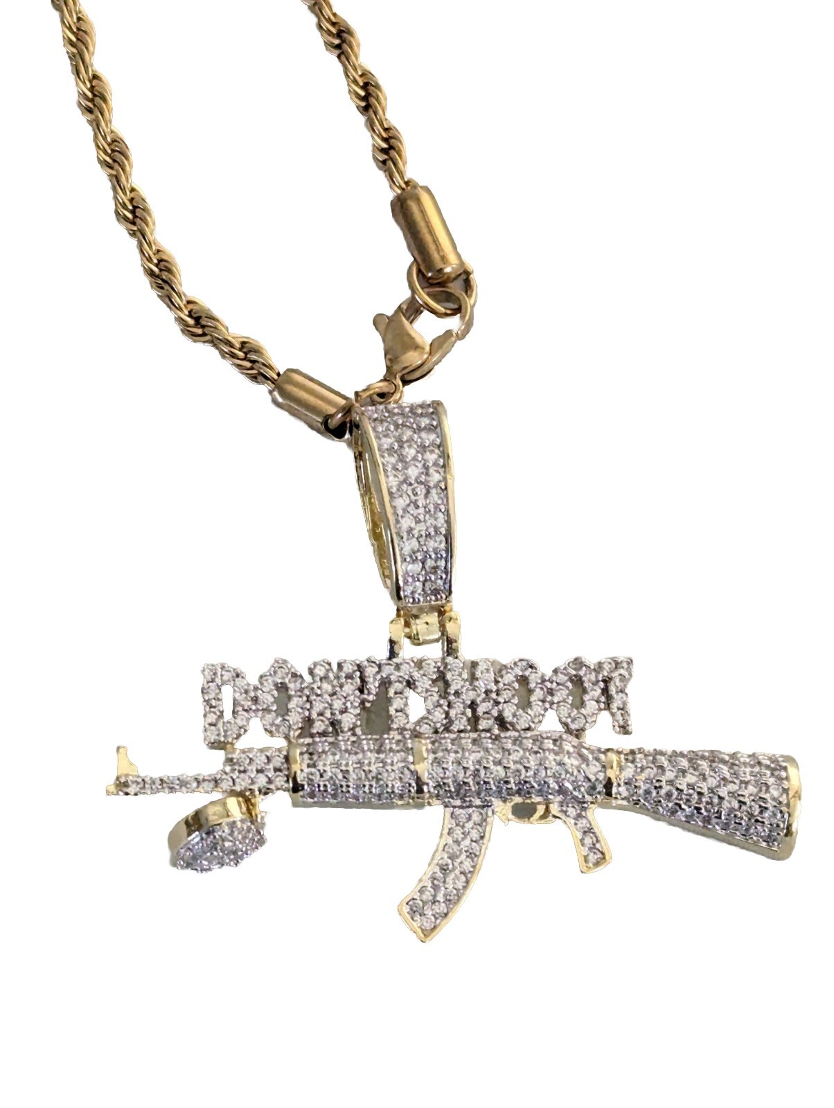 Necklaces Men Ice Out Bling Gun Don’t Shoot Gold Plated Pendant 12″Chain