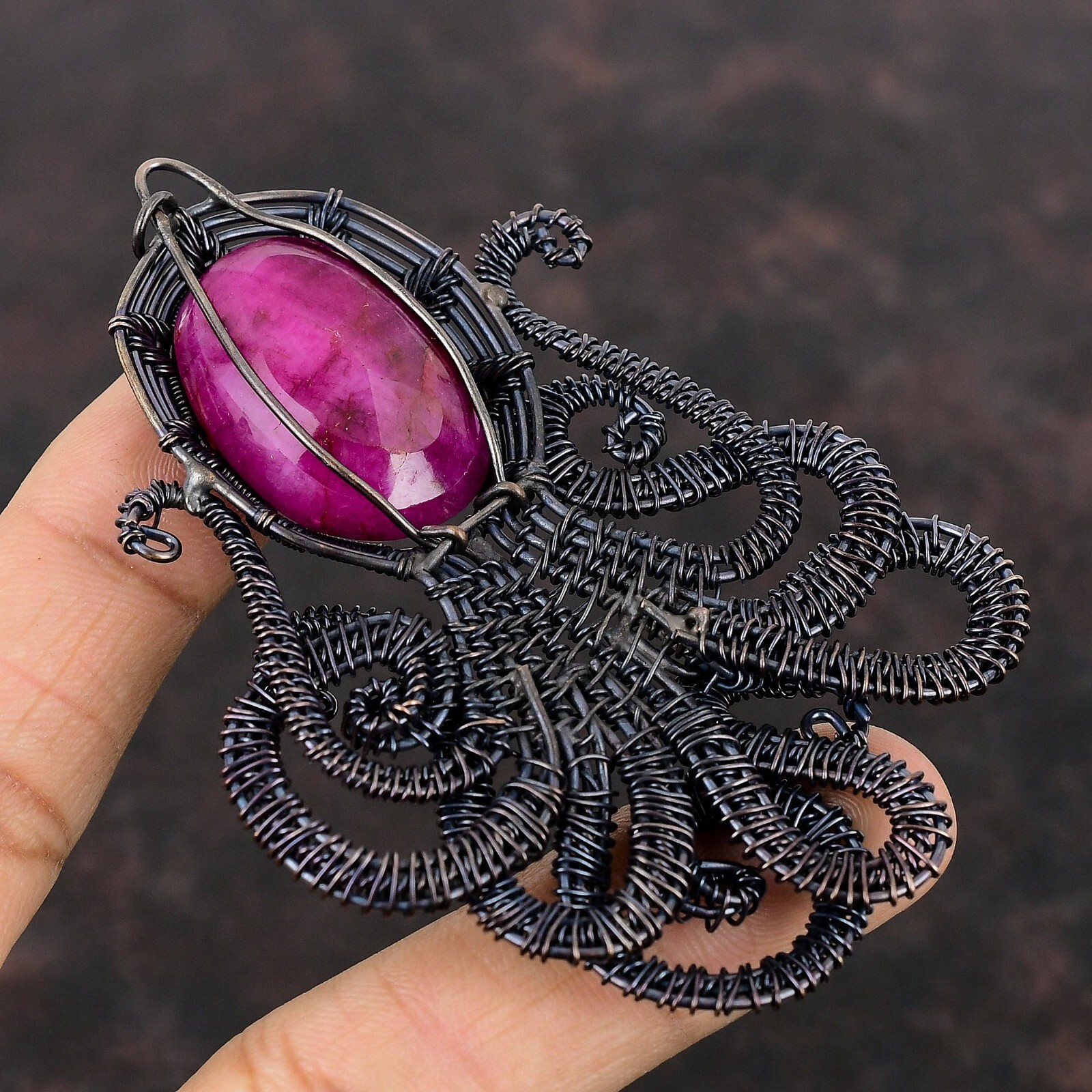 Kashmir Ruby Copper Gift For Bridesmaid Wire Wrapped Octopus Pendant 3.66″