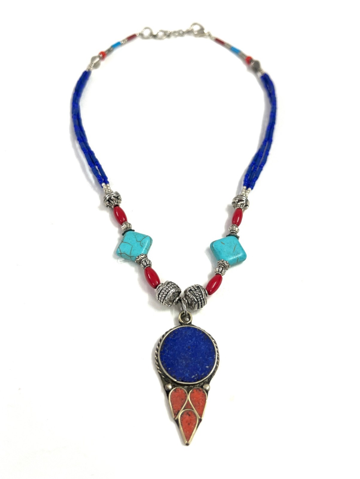 Lapis Turquoise Coral Gemstone Tibetan Traditional Necklace Jewelry, 18 Inc Adjs