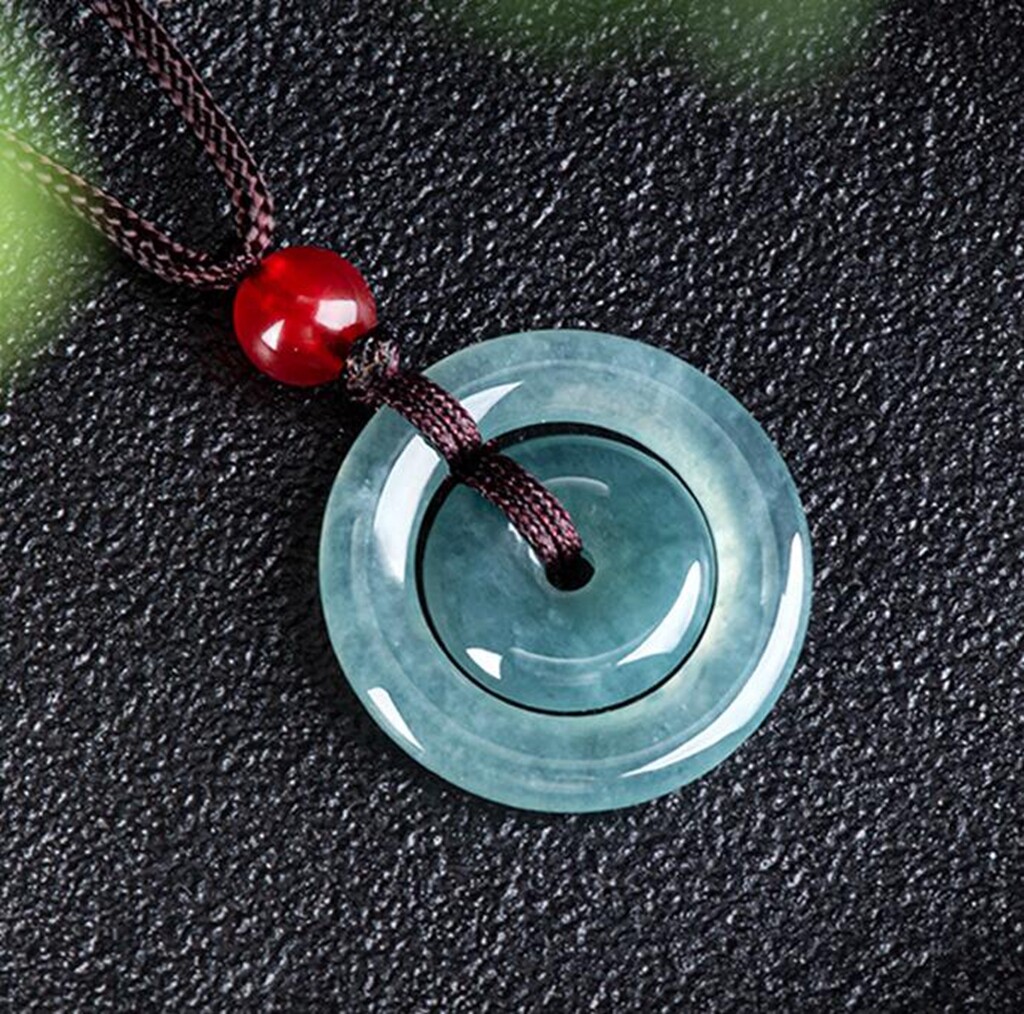 Certified Green Natural Burma A Jade jadeite Circle Donut Lucky Pendant Necklace